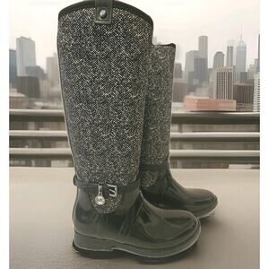 Michael Kors MK CHARM Black White Stretch Tall Rain Boots Shoes Size 6